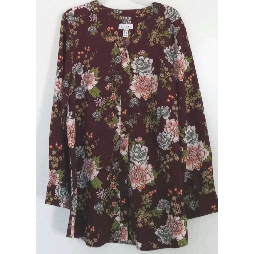 Denim & Co Maroon Floral Long Sleeve Knit Tunic Top Women's Size Large Preowned
